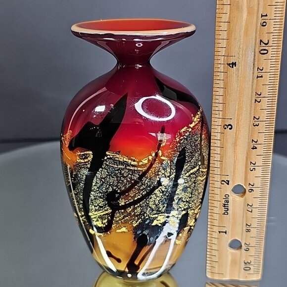 Nourot Signed Studio Glass Incense Vase Jar 4.5” Tall Red Gold Black USA - Picture 8 of 10